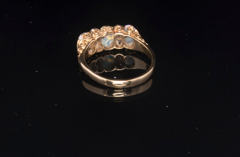 Antique 18ct Gold, Opal and Diamond Ring. Hand Carved Mount. Old cut Diamonds. English Circa 1900