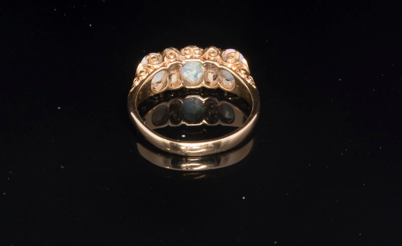 Antique 18ct Gold, Opal and Diamond Ring. Hand Carved Mount. Old cut Diamonds. English Circa 1900