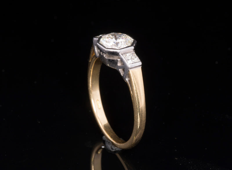 Pre-Loved Art-Deco Style. 18ct Gold Natural Diamond Ring. Octagonal Setting, Princess Diamond Shoulders. 1.00ct centre