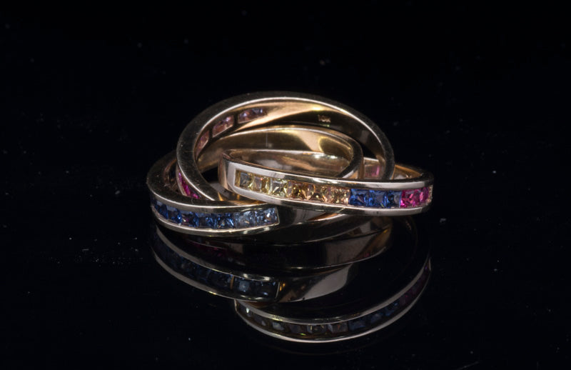 Pre-Loved Gold and Sapphire 'Russian' Ring. Multi Coloured Sapphires. Very Unusual.