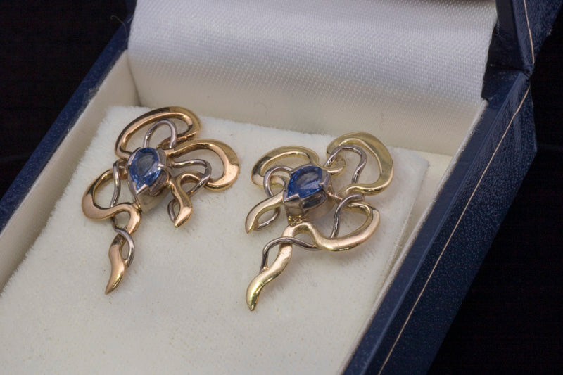 Vintage 18ct Gold. Sapphire 'Ribbon' Earrings. Hand Made. Joanne Gowan.