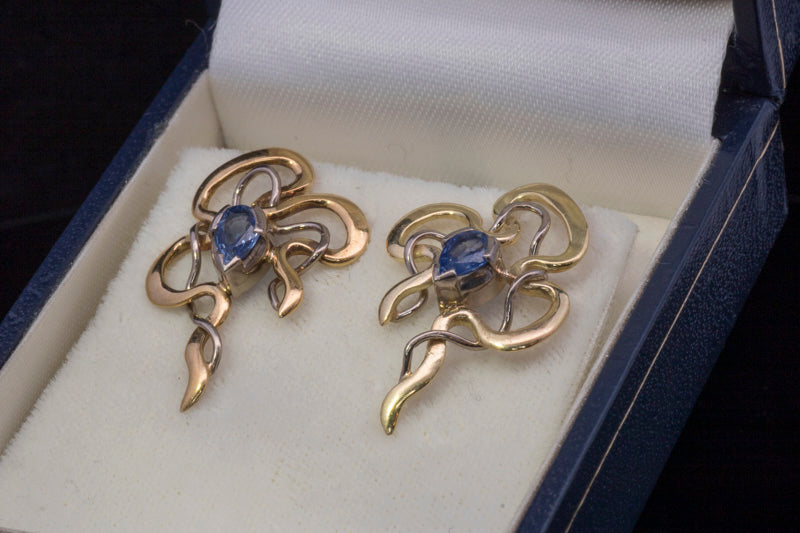 Vintage 18ct Gold. Sapphire 'Ribbon' Earrings. Hand Made. Joanne Gowan.