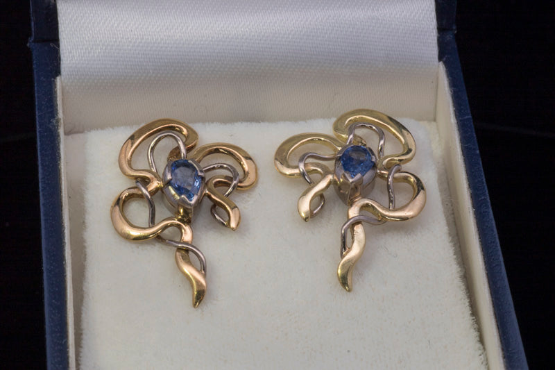Vintage 18ct Gold. Sapphire 'Ribbon' Earrings. Hand Made. Joanne Gowan.