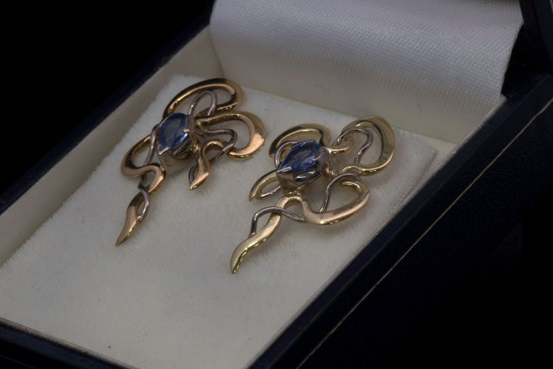 Vintage 18ct Gold. Sapphire 'Ribbon' Earrings. Hand Made. Joanne Gowan.