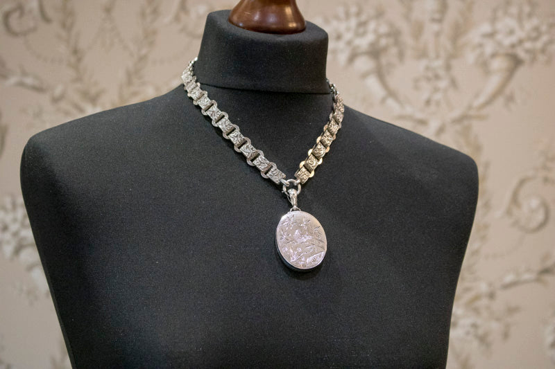 Antique Victorian Sterling Silver Period Blend Locket and Collar. Superb Example.