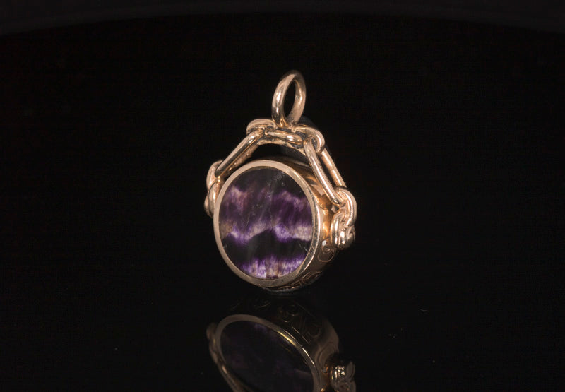 Vintage 9ct Gold Blue John Swivel Pendant / Fob / Seal. Assayed in Sheffield 1983