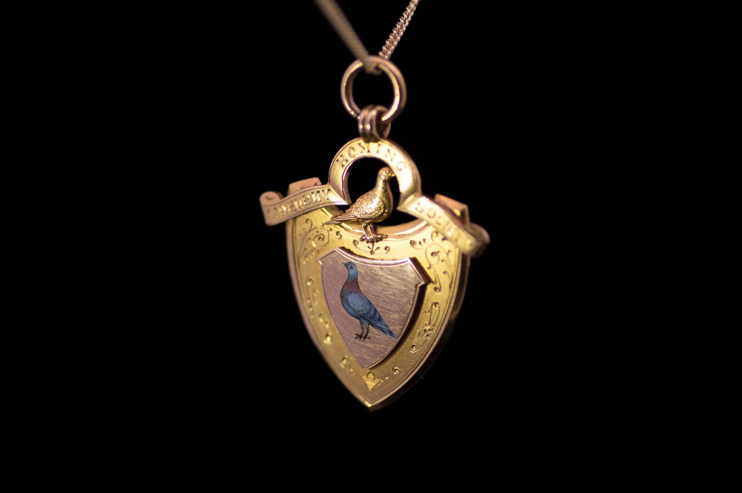 Beautiful Enamel Antique 9ct Enamelled Homing Pigeon Pendant / Fob. Assayed in Birmingham 1901.