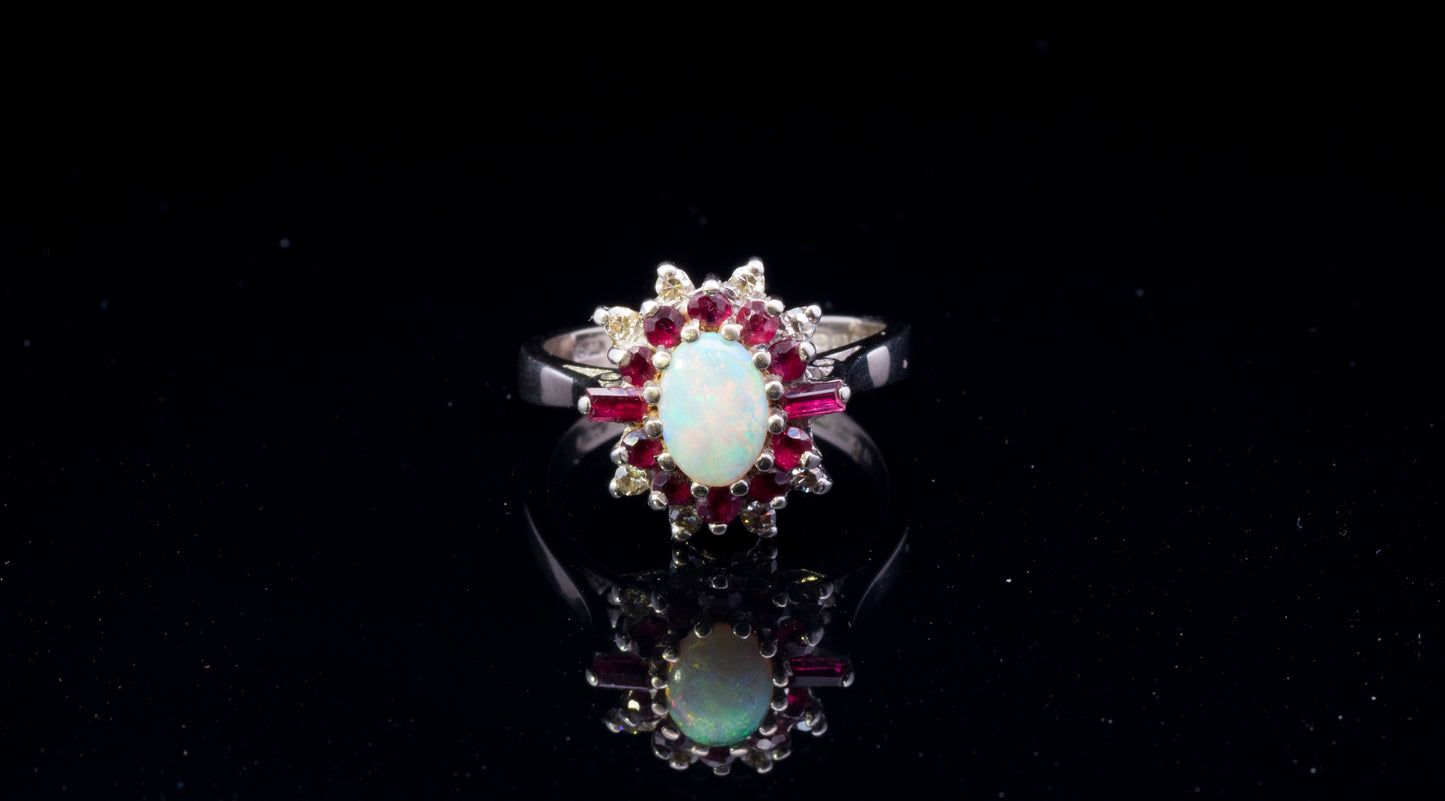 Very Unusual Vintage 18ct Ruby, Diamond and Opal Cluster Ring. Art Deco Design. Hallmarked London 1974.