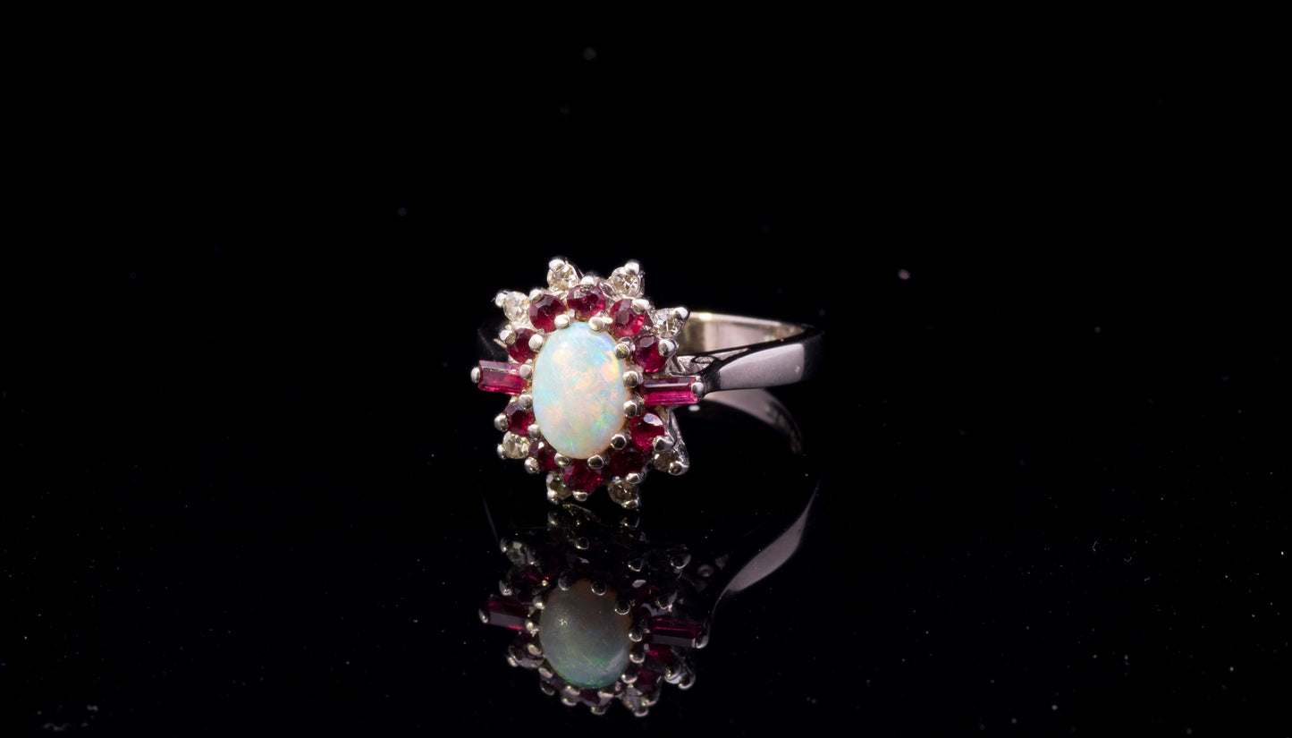Very Unusual Vintage 18ct Ruby, Diamond and Opal Cluster Ring. Art Deco Design. Hallmarked London 1974.