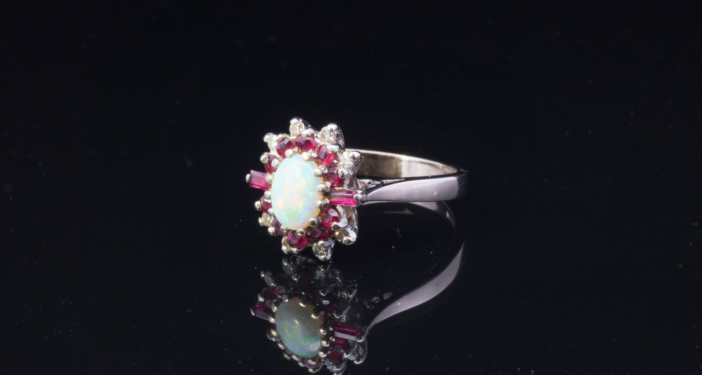 Very Unusual Vintage 18ct Ruby, Diamond and Opal Cluster Ring. Art Deco Design. Hallmarked London 1974.
