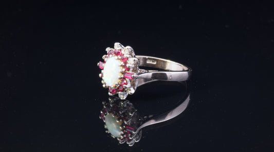 Very Unusual Vintage 18ct Ruby, Diamond and Opal Cluster Ring. Art Deco Design. Hallmarked London 1974.