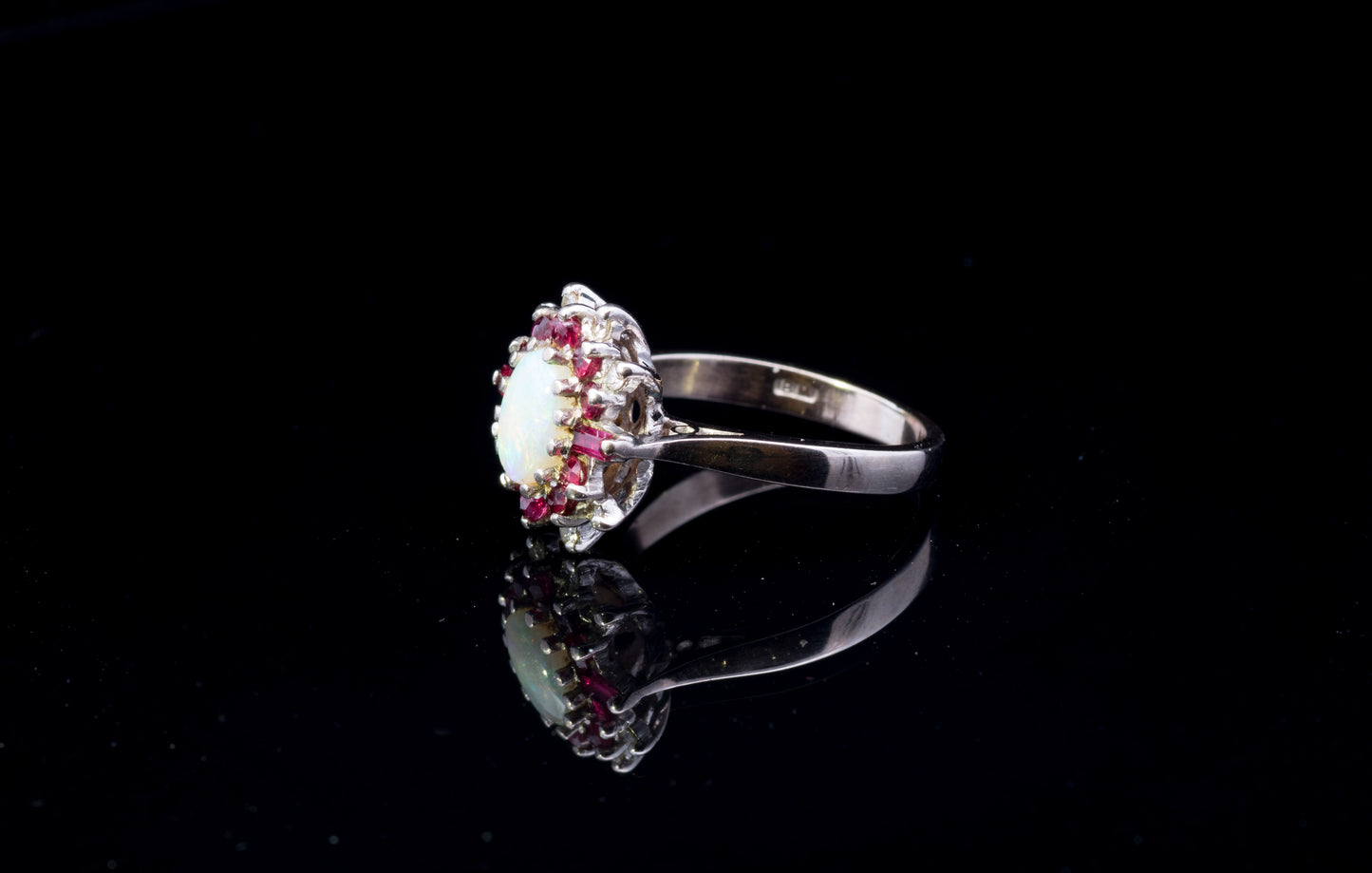 Very Unusual Vintage 18ct Ruby, Diamond and Opal Cluster Ring. Art Deco Design. Hallmarked London 1974.