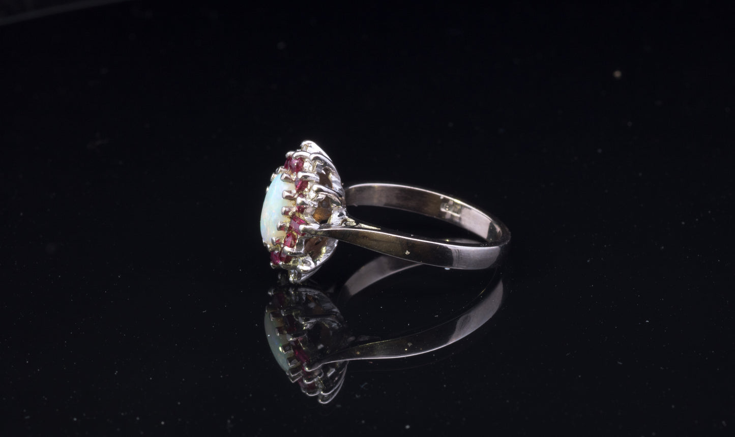 Very Unusual Vintage 18ct Ruby, Diamond and Opal Cluster Ring. Art Deco Design. Hallmarked London 1974.