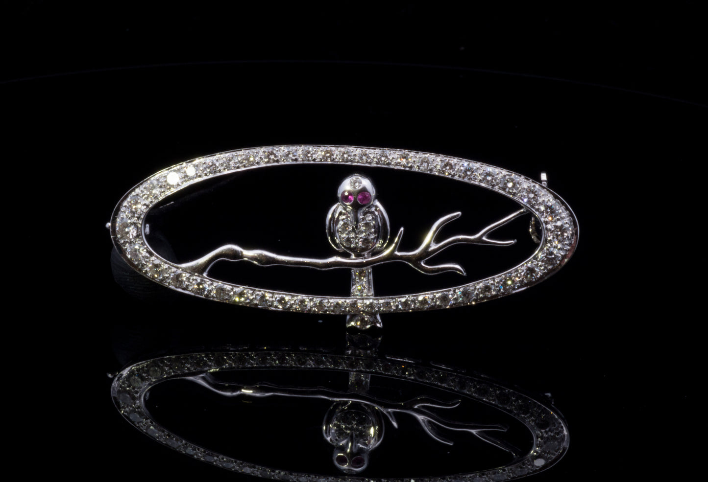 18ct White Gold Diamond and Ruby Owl On A Branch Brooch. Pre-Loved.