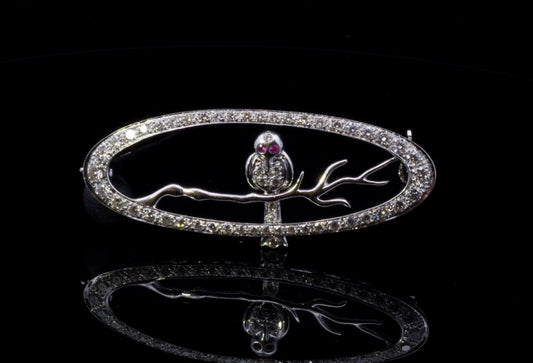 18ct White Gold Diamond and Ruby Owl On A Branch Brooch. Pre-Loved.