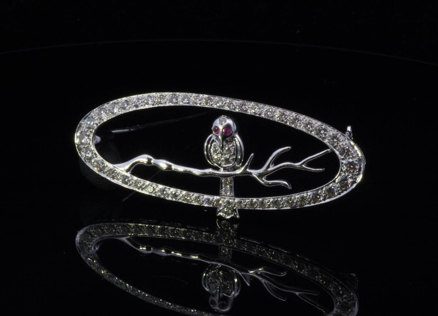 18ct White Gold Diamond and Ruby Owl On A Branch Brooch. Pre-Loved.