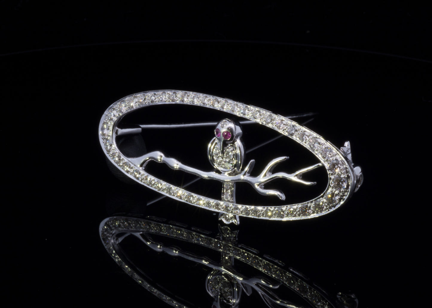 18ct White Gold Diamond and Ruby Owl On A Branch Brooch. Pre-Loved.