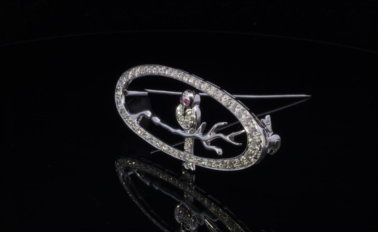 18ct White Gold Diamond and Ruby Owl On A Branch Brooch. Pre-Loved.