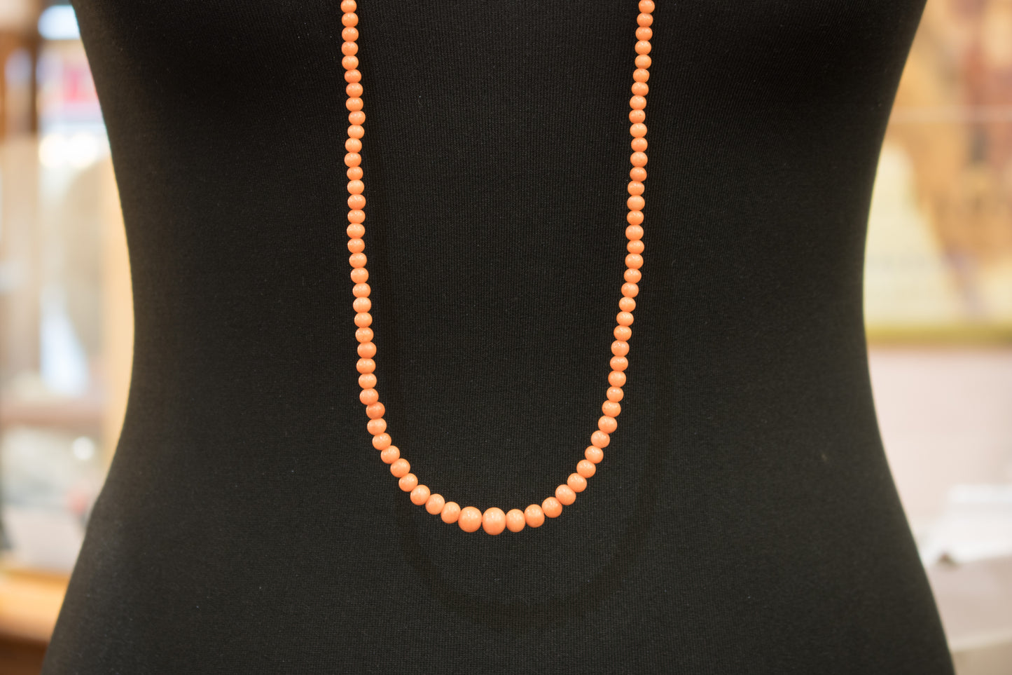 Long Row Antique Graduated Coral Bead Necklace Circa. 1900. 41 inches ! Flapper Length.