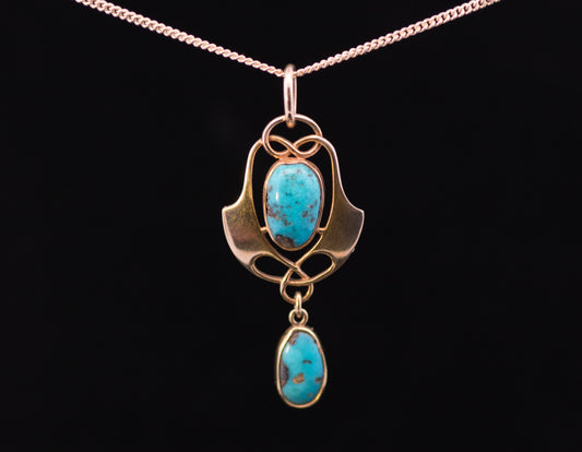 Antique 15ct Gold, Turquoise Murrle Bennet Pendant. Arts and Crafts. Circa 1900.