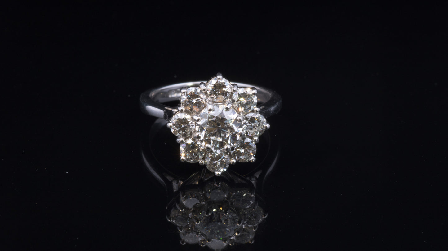 Superb Vintage Diamond Cluster Ring. 18ct White Gold.  Certified Centre Diamond. 2.10 Carats TDW