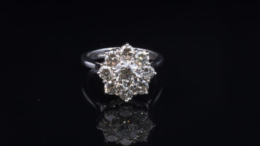 Superb Vintage Diamond Cluster Ring. 18ct White Gold.  Certified Centre Diamond. 2.10 Carats TDW