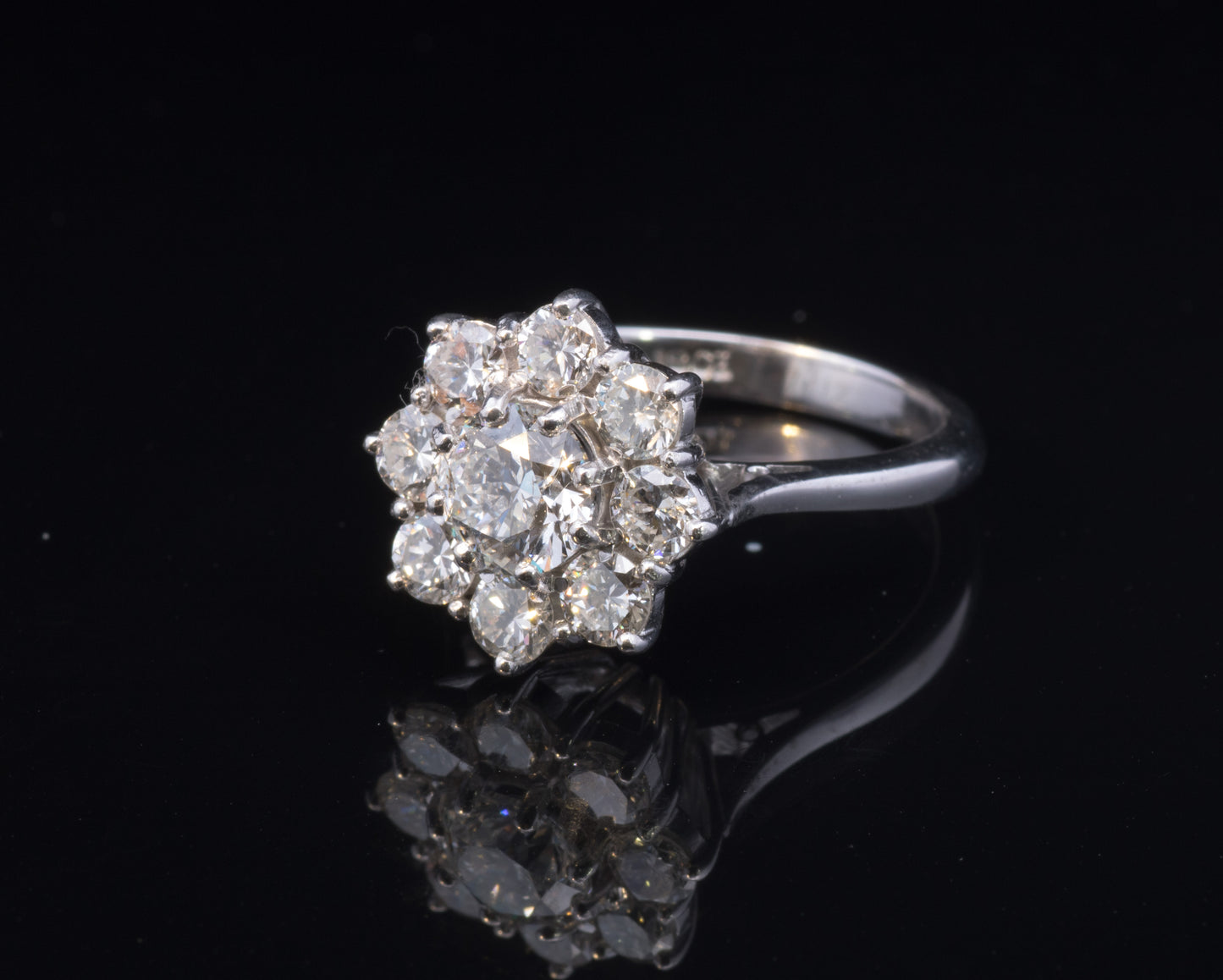 Superb Vintage Diamond Cluster Ring. 18ct White Gold.  Certified Centre Diamond. 2.10 Carats TDW