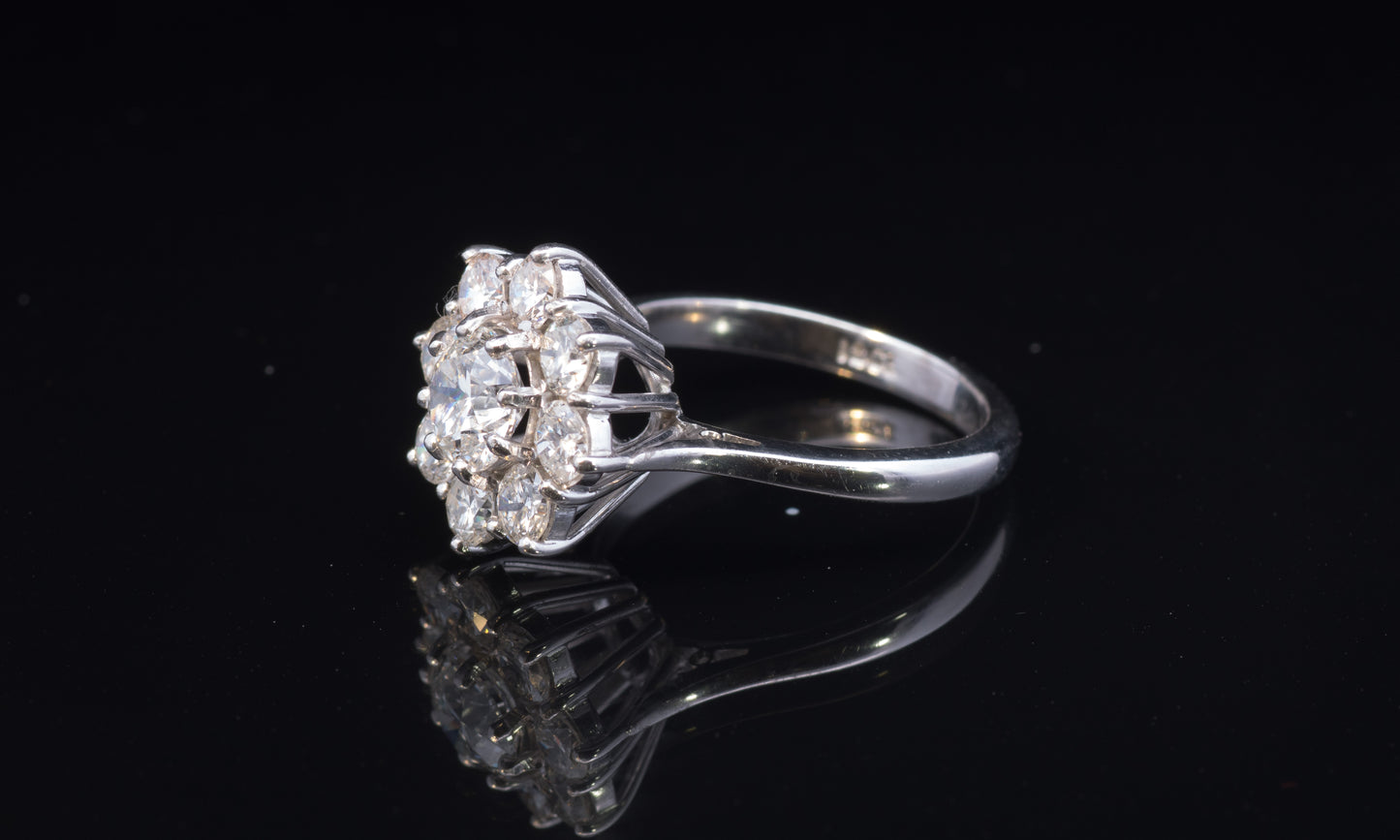 Superb Vintage Diamond Cluster Ring. 18ct White Gold.  Certified Centre Diamond. 2.10 Carats TDW
