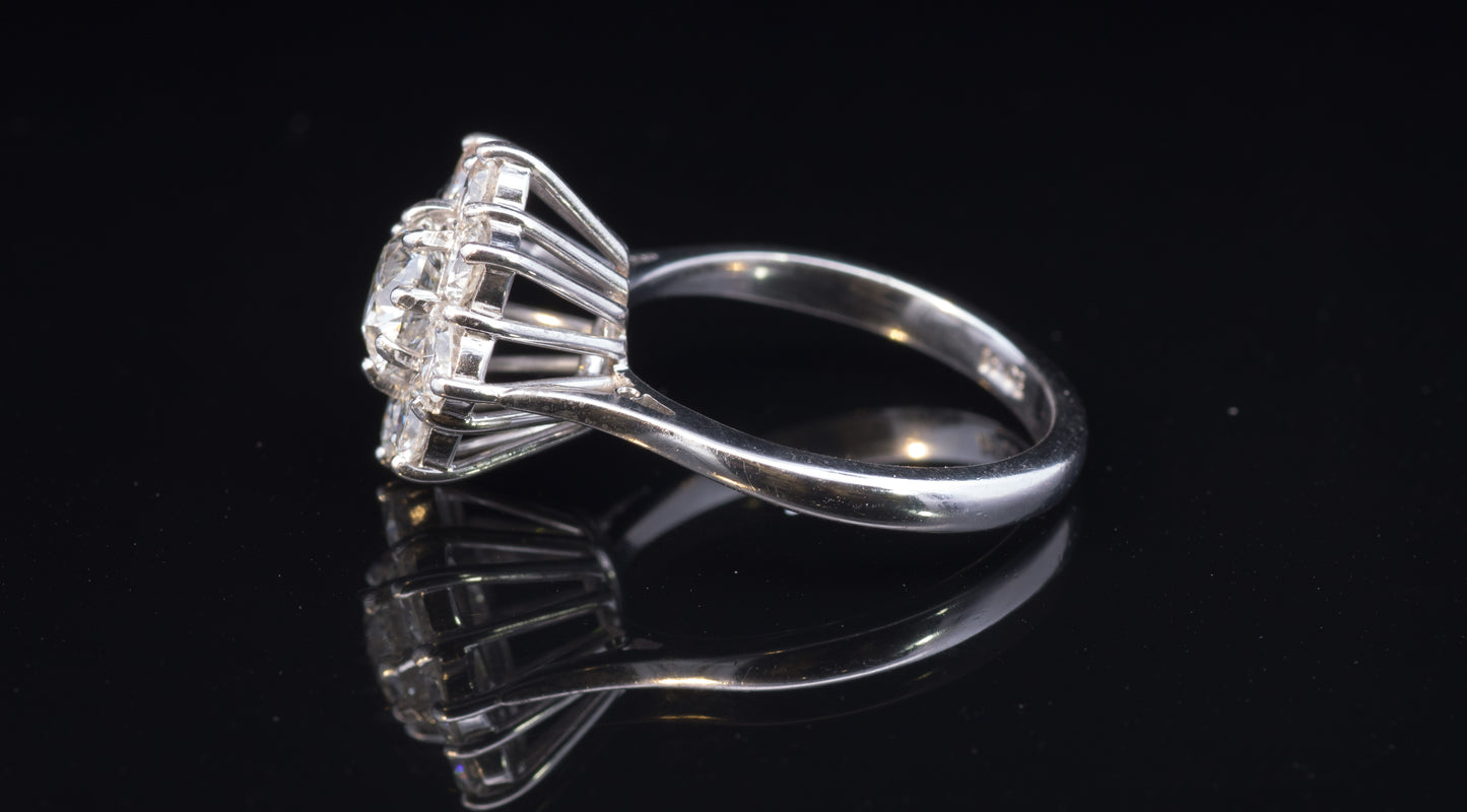 Superb Vintage Diamond Cluster Ring. 18ct White Gold.  Certified Centre Diamond. 2.10 Carats TDW