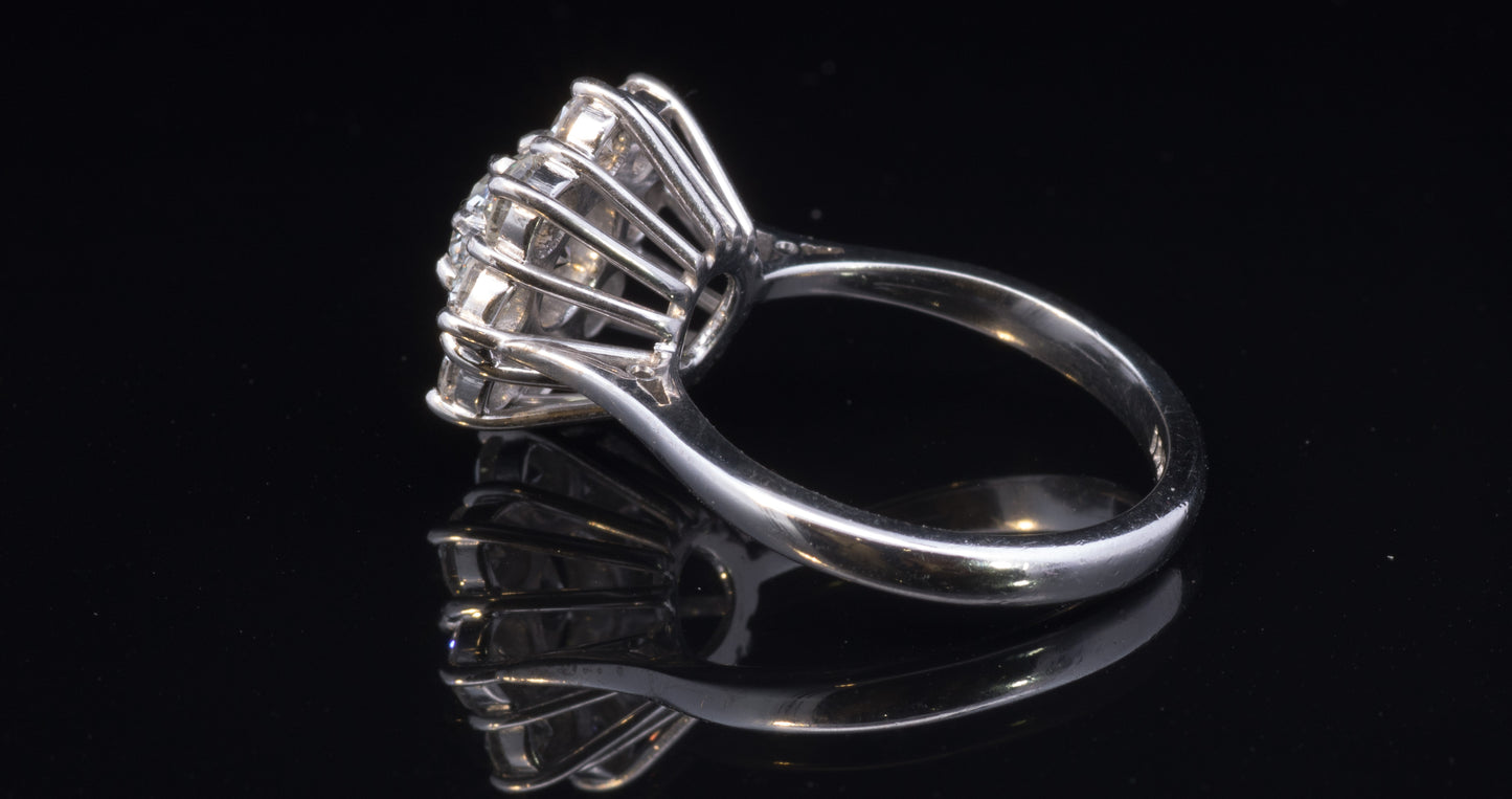 Superb Vintage Diamond Cluster Ring. 18ct White Gold.  Certified Centre Diamond. 2.10 Carats TDW