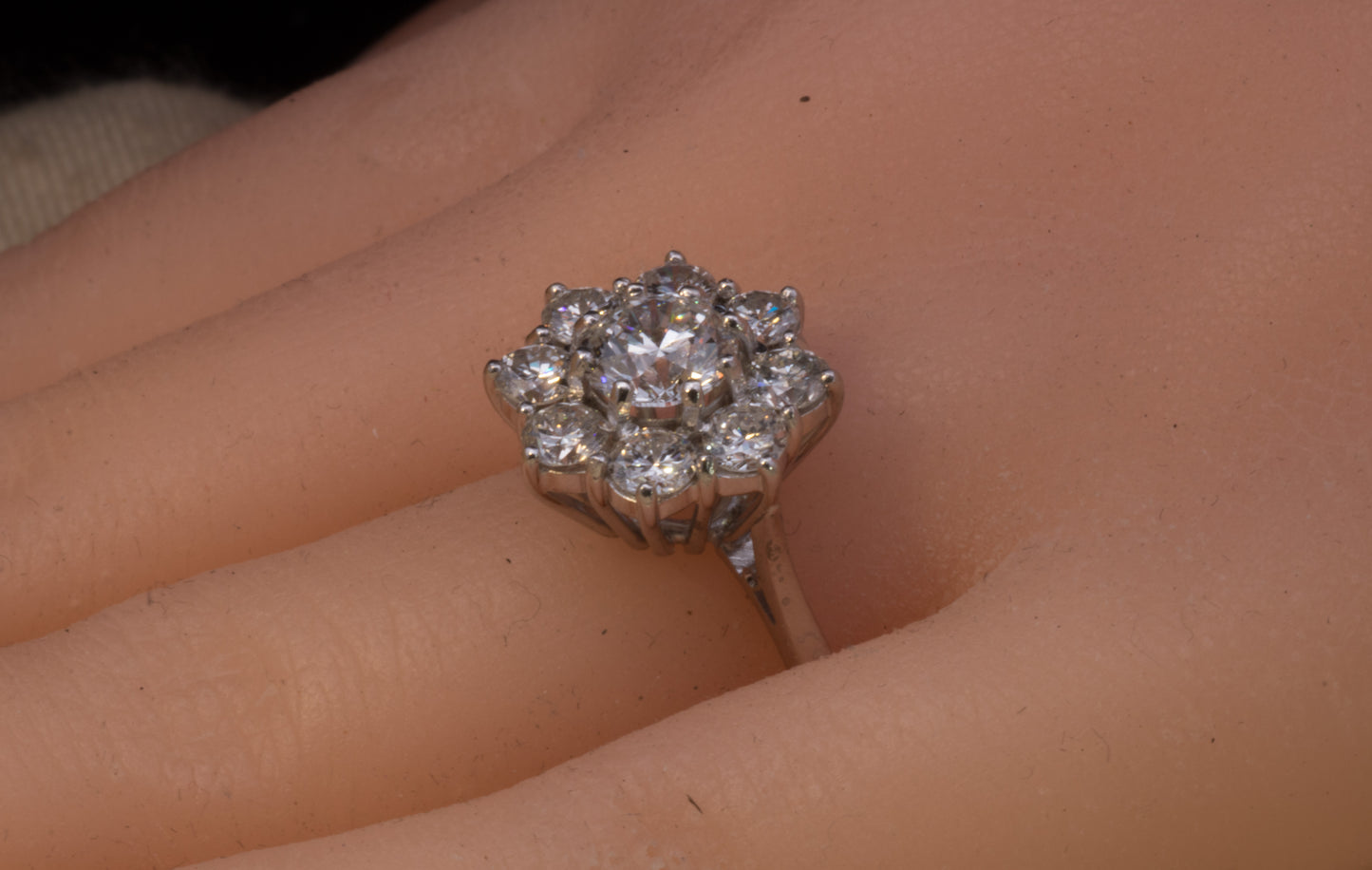 Superb Vintage Diamond Cluster Ring. 18ct White Gold.  Certified Centre Diamond. 2.10 Carats TDW