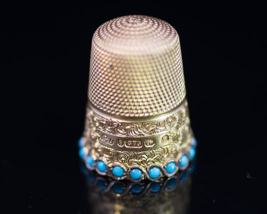 Incredible Antique Victorian 9ct Gold Turquoise Thimble. Birmingham 1886. George Unite. Original Case.