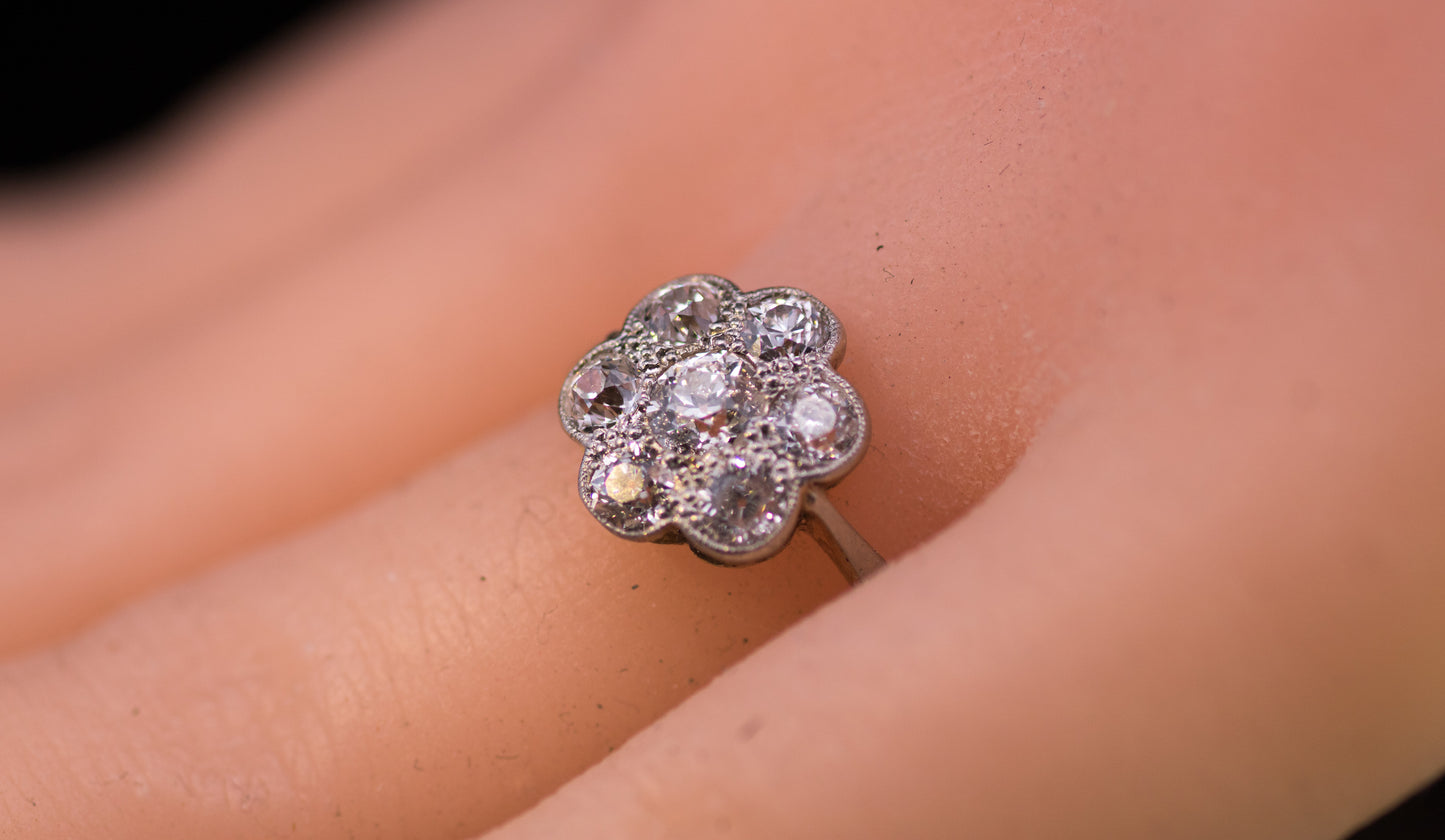 Antique Edwardian 18ct Gold & Platinum Daisy Cluster Old European Cut Diamonds. C1900