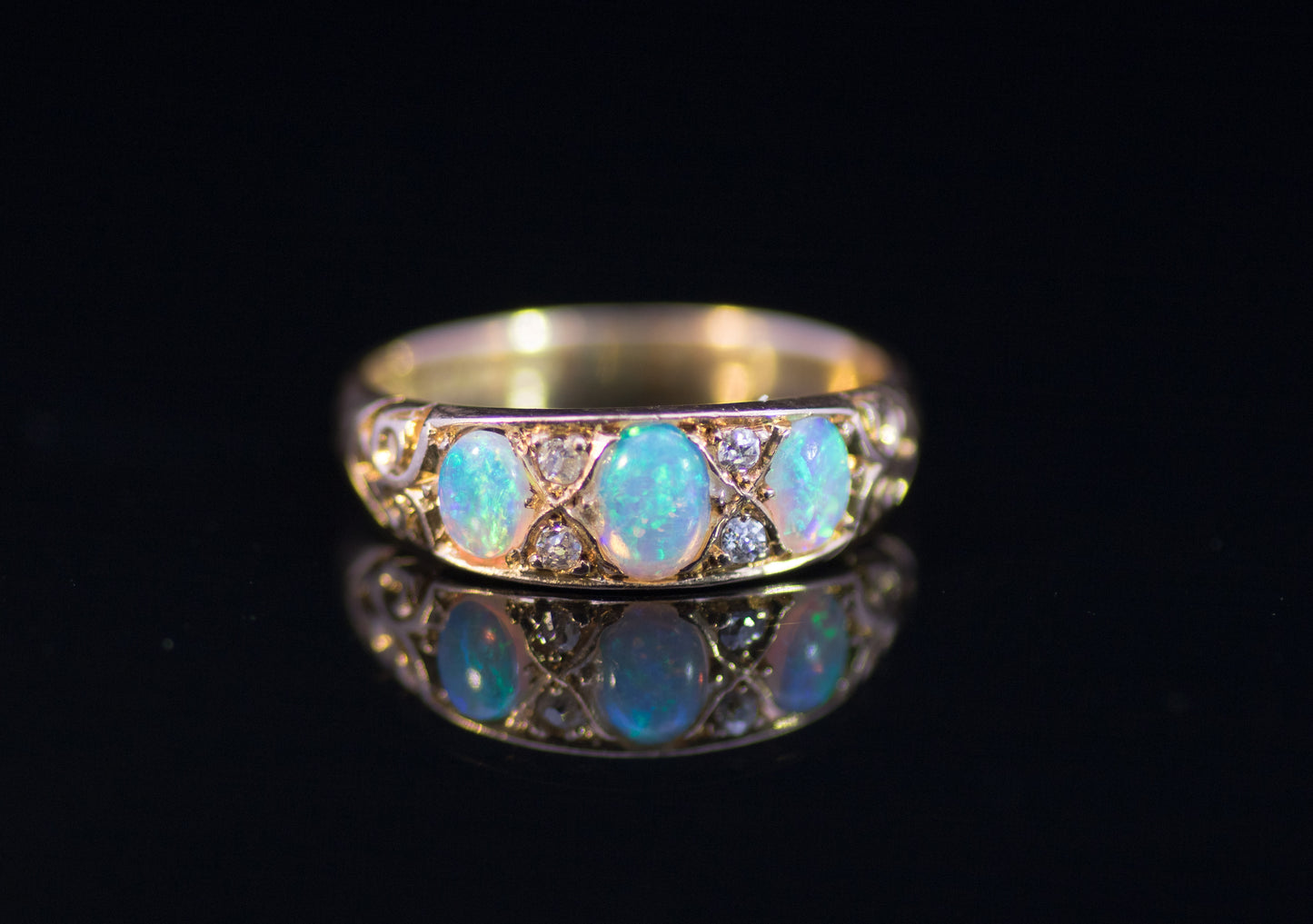 Antique 18ct Gold, Opal and Diamond Gypsy Ring.  Edwardian.  Birmingham 1902. Lovely Colours.