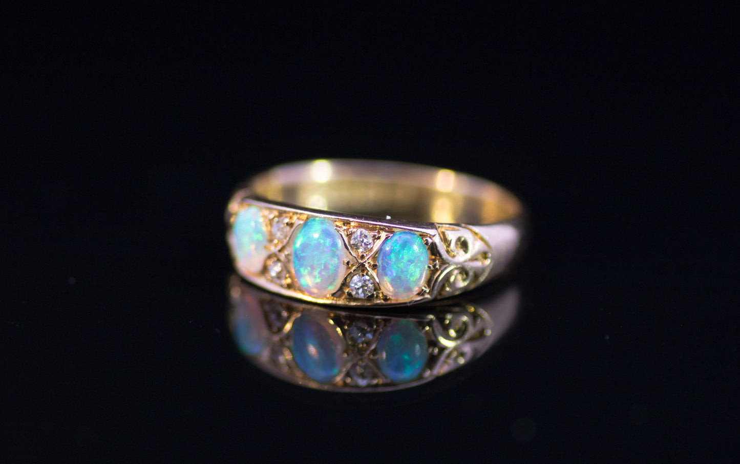 Antique 18ct Gold, Opal and Diamond Gypsy Ring.  Edwardian.  Birmingham 1902. Lovely Colours.