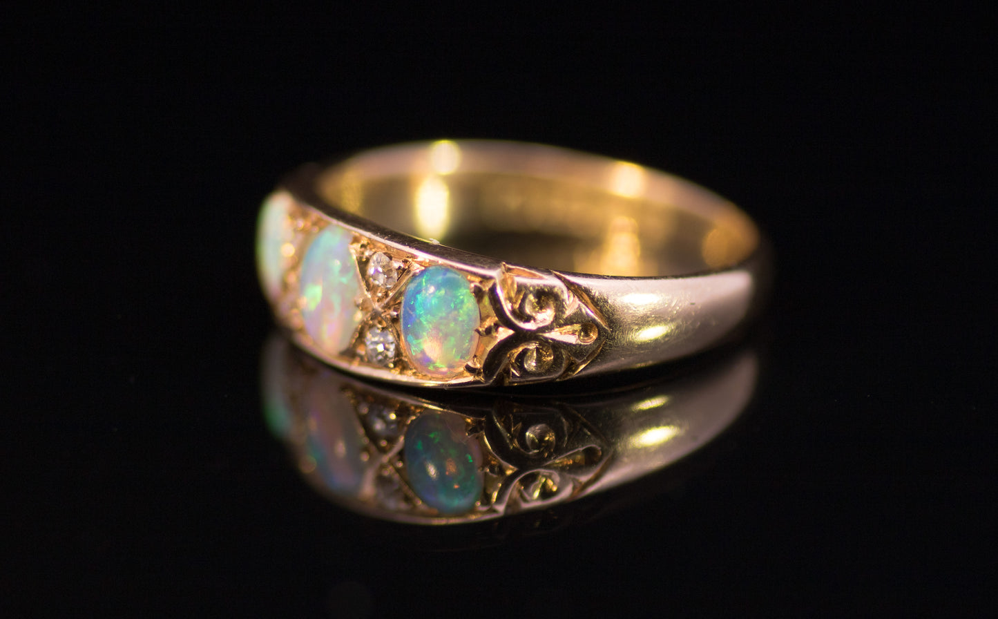 Antique 18ct Gold, Opal and Diamond Gypsy Ring.  Edwardian.  Birmingham 1902. Lovely Colours.