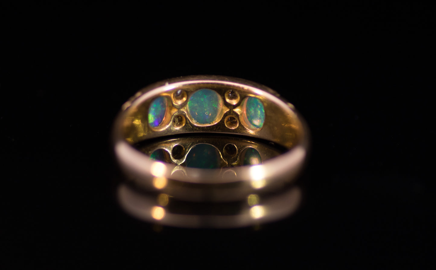 Antique 18ct Gold, Opal and Diamond Gypsy Ring.  Edwardian.  Birmingham 1902. Lovely Colours.