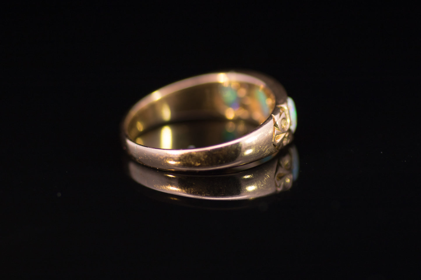 Antique 18ct Gold, Opal and Diamond Gypsy Ring.  Edwardian.  Birmingham 1902. Lovely Colours.