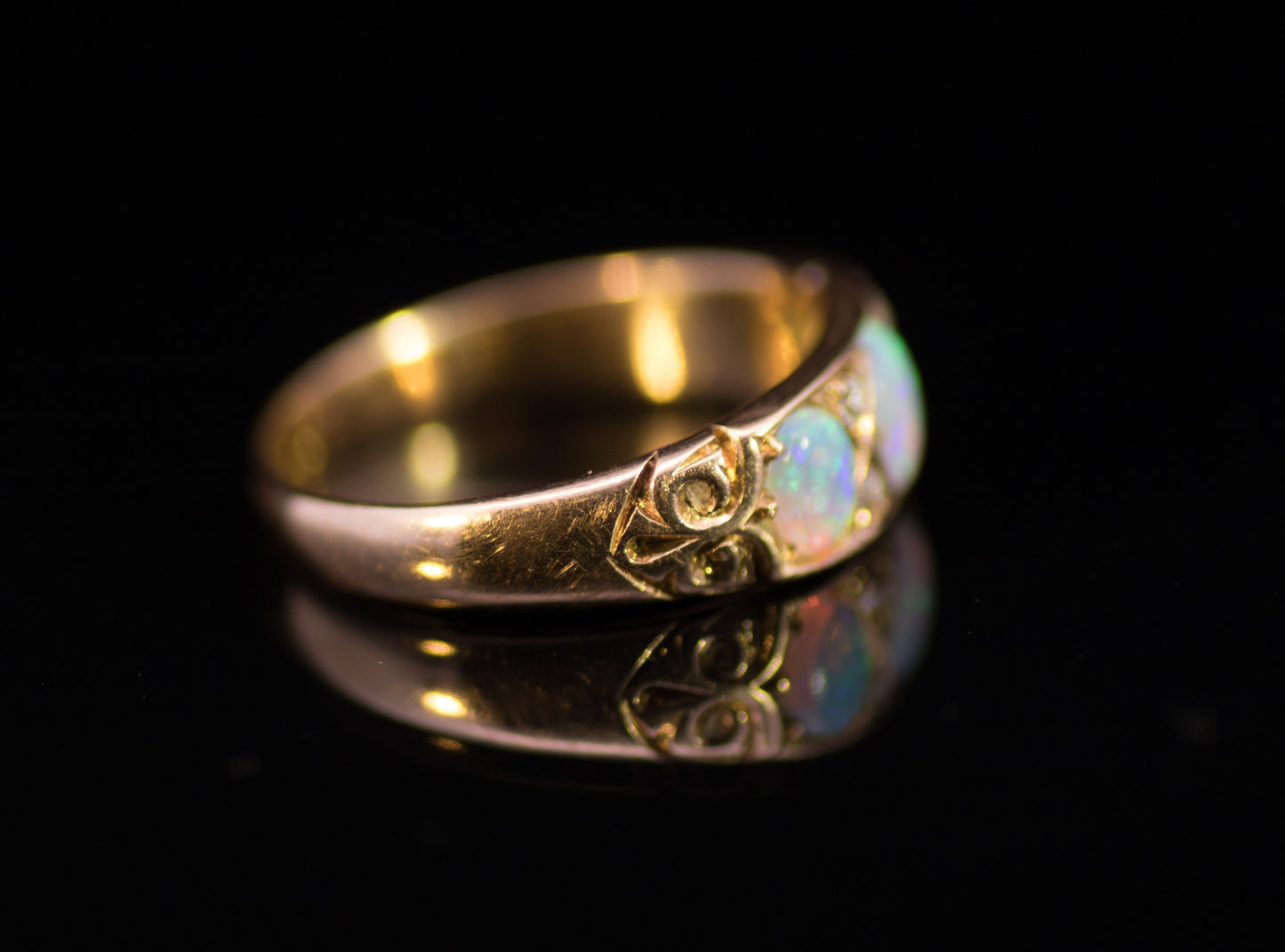 Antique 18ct Gold, Opal and Diamond Gypsy Ring.  Edwardian.  Birmingham 1902. Lovely Colours.