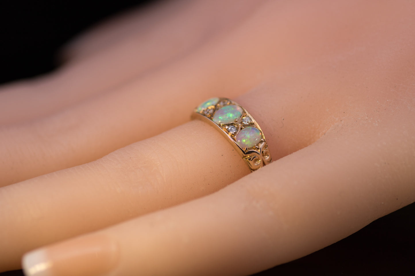 Antique 18ct Gold, Opal and Diamond Gypsy Ring.  Edwardian.  Birmingham 1902. Lovely Colours.