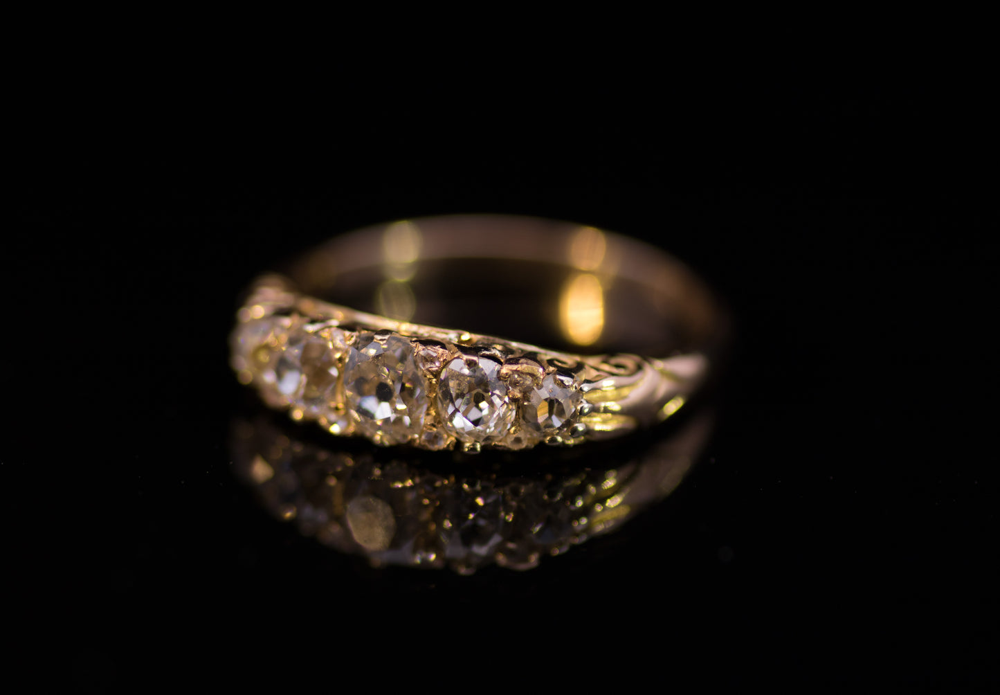 Antique Victorian 5 Stone 'Carved Shoulders' Diamond Ring With Diamond `Points`.  C 1900