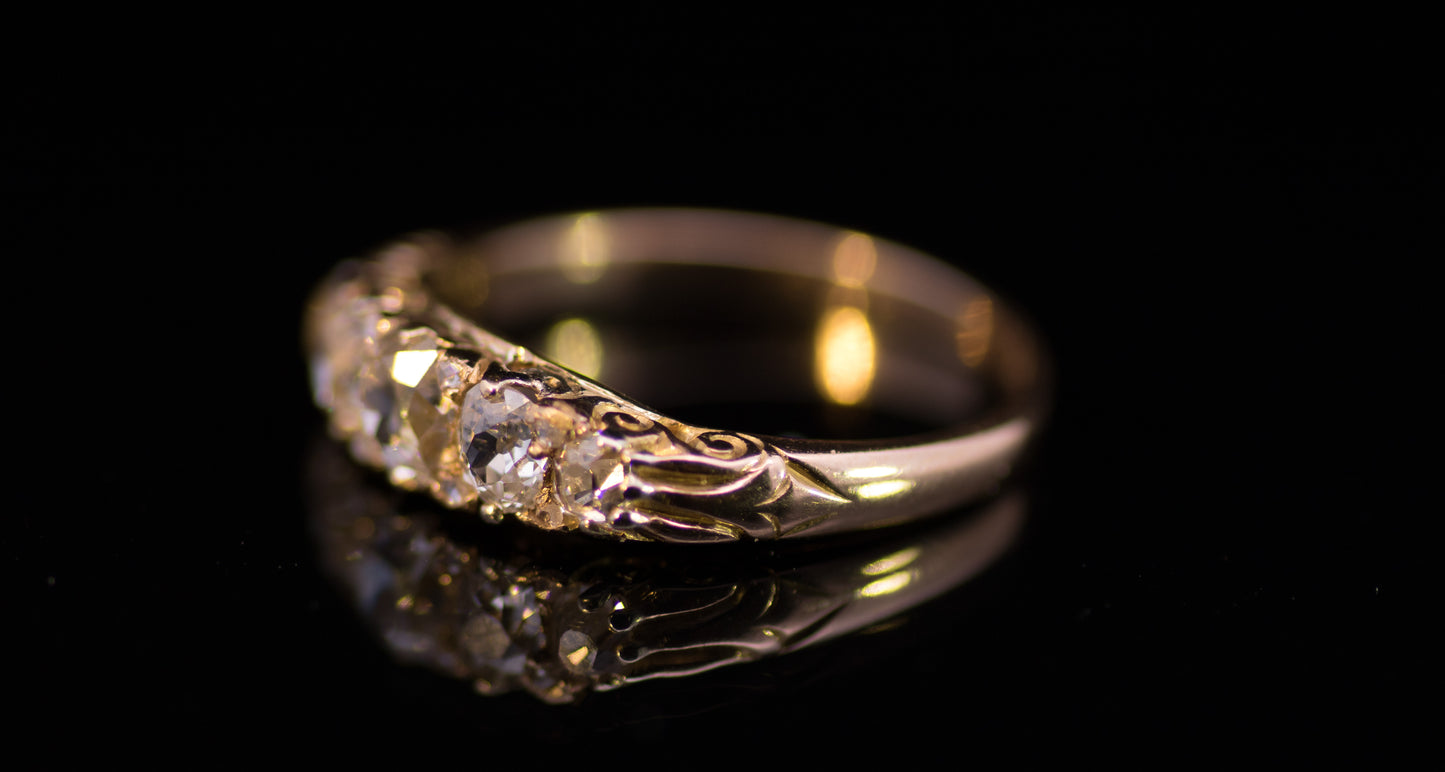 Antique Victorian 5 Stone 'Carved Shoulders' Diamond Ring With Diamond `Points`.  C 1900
