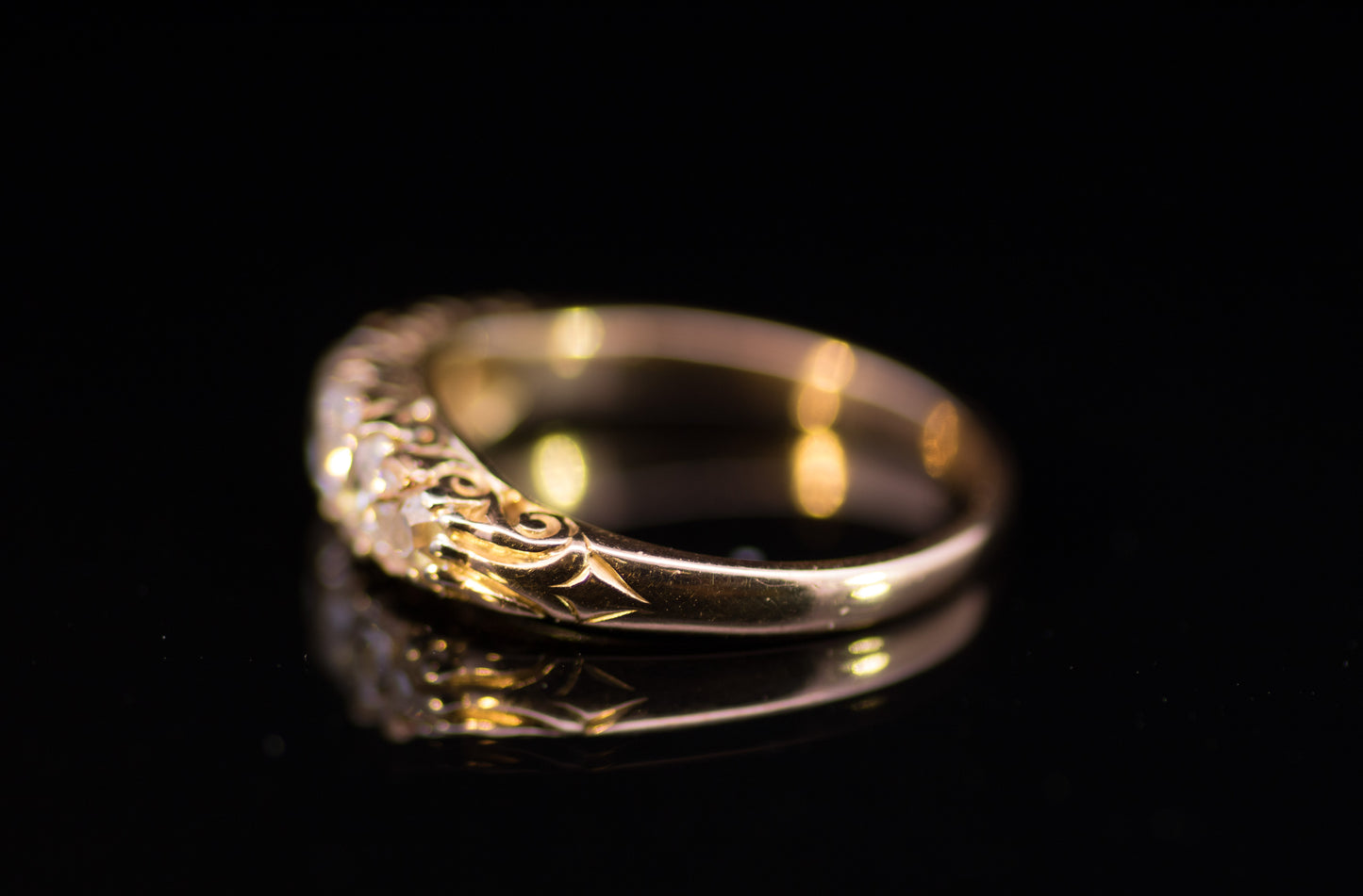 Antique Victorian 5 Stone 'Carved Shoulders' Diamond Ring With Diamond `Points`.  C 1900