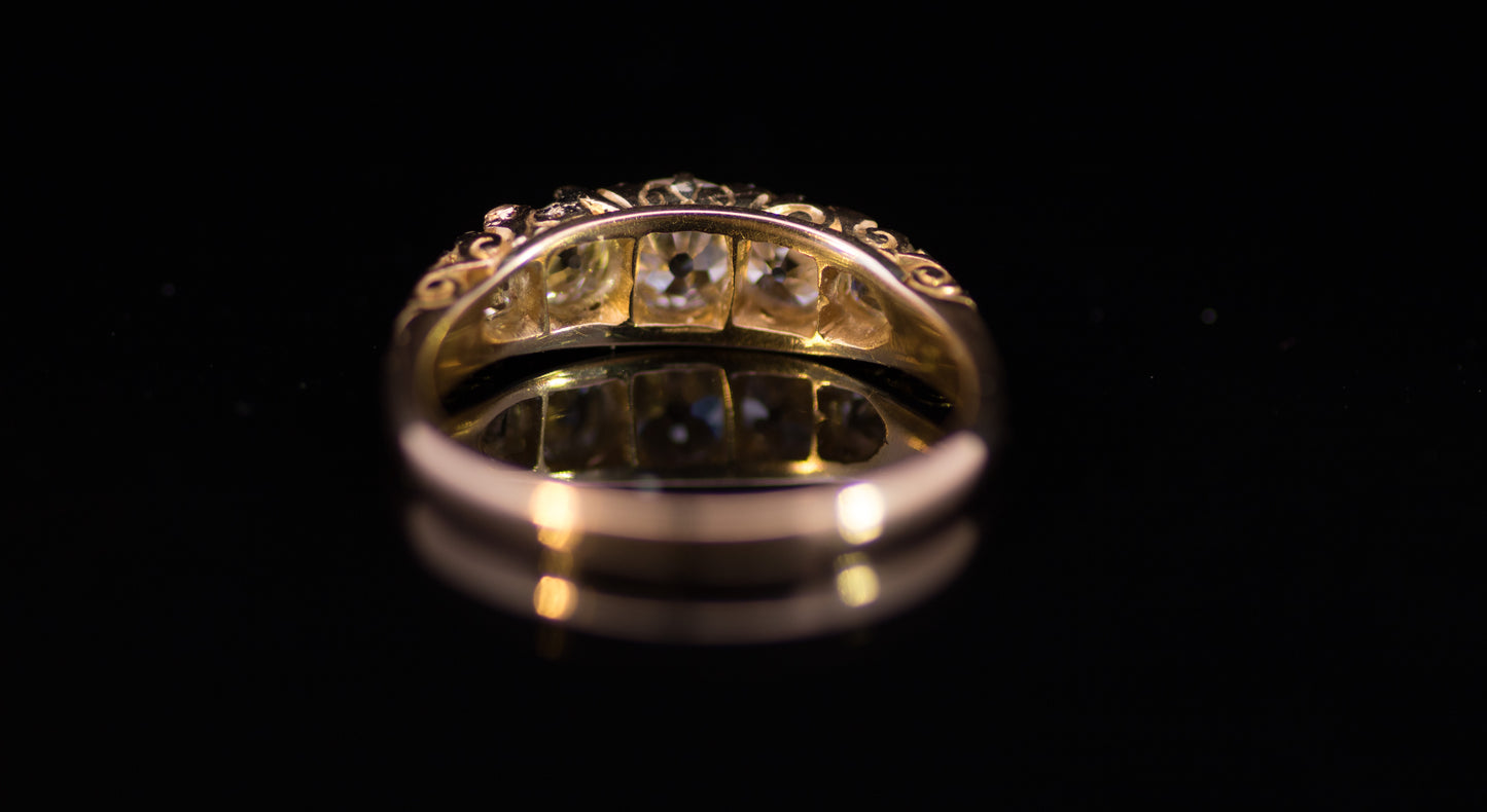 Antique Victorian 5 Stone 'Carved Shoulders' Diamond Ring With Diamond `Points`.  C 1900