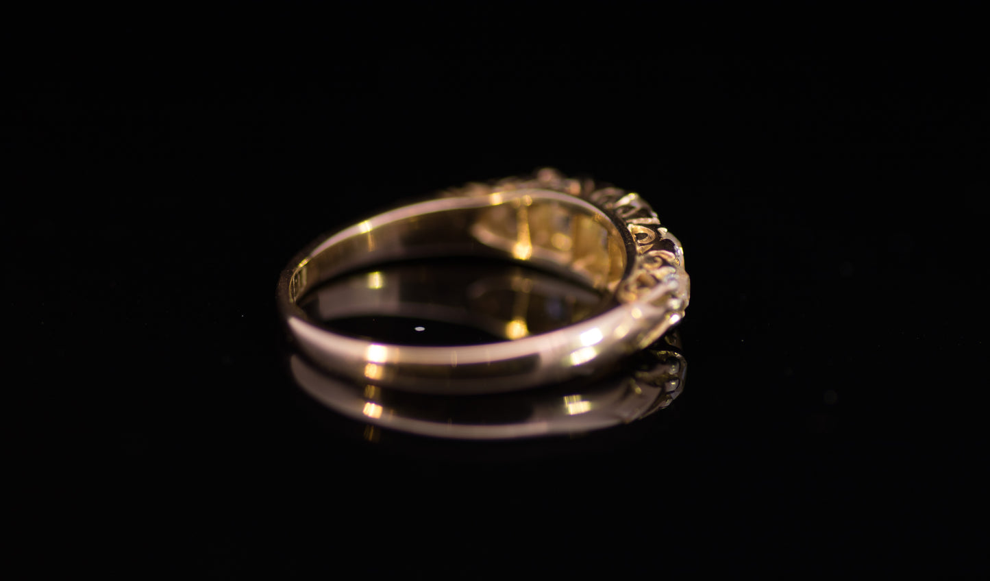 Antique Victorian 5 Stone 'Carved Shoulders' Diamond Ring With Diamond `Points`.  C 1900