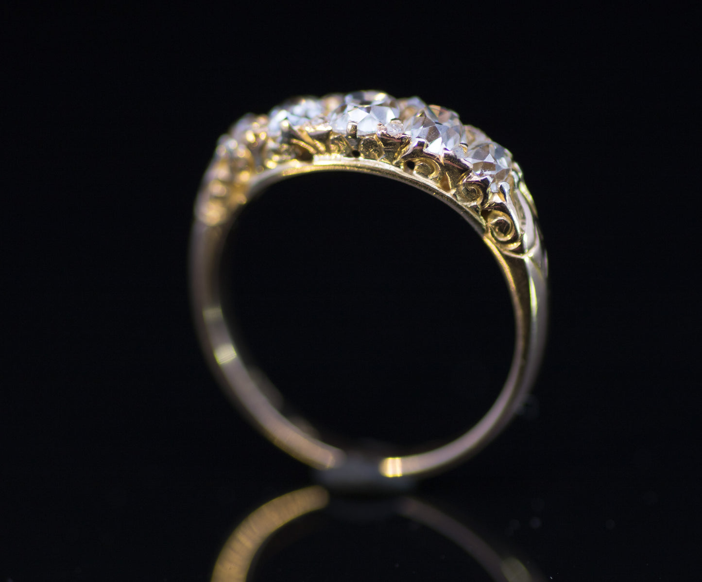 Antique Victorian 5 Stone 'Carved Shoulders' Diamond Ring With Diamond `Points`.  C 1900