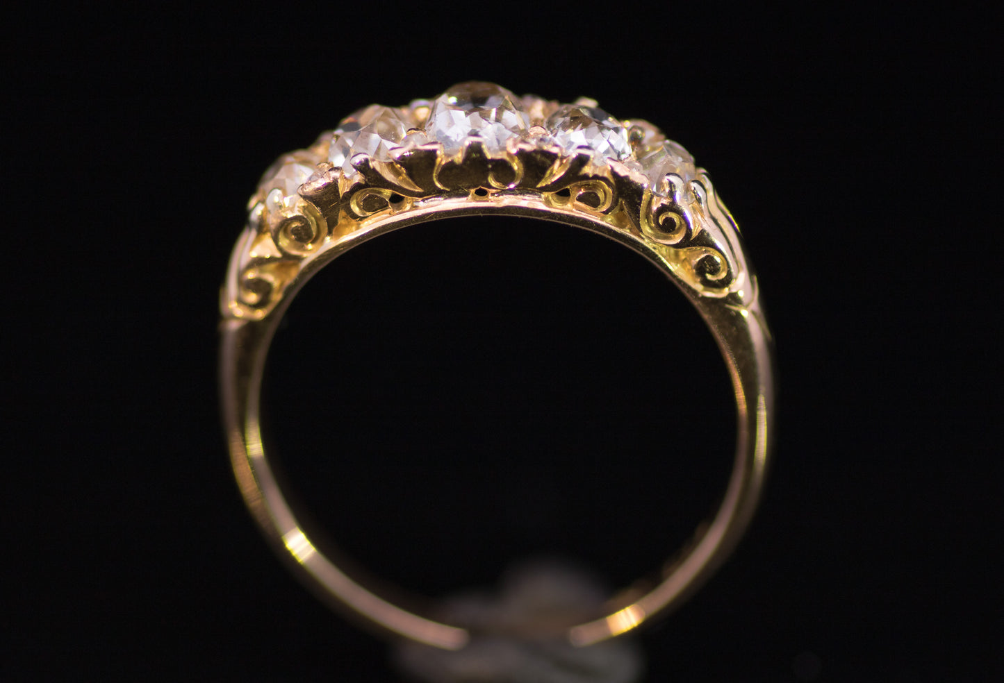 Antique Victorian 5 Stone 'Carved Shoulders' Diamond Ring With Diamond `Points`.  C 1900