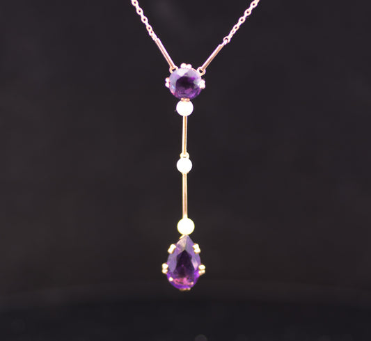 Antique Edwardian 9ct Amethyst and Natural Pearl Lavalier / Negligee Necklace. Circa 1910