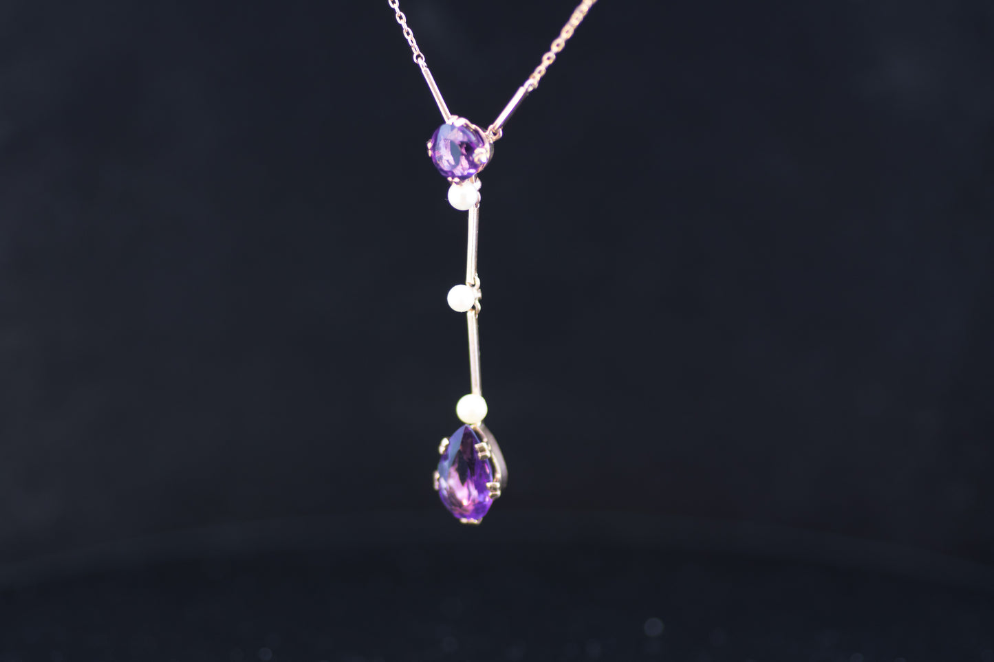 Antique Edwardian 9ct Amethyst and Natural Pearl Lavalier / Negligee Necklace. Circa 1910