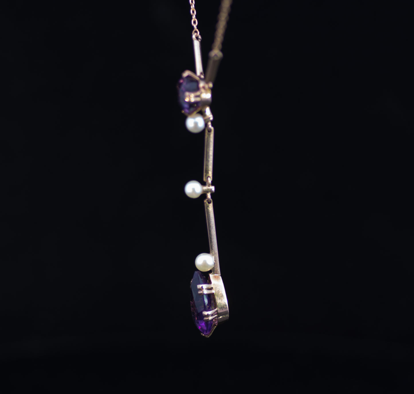 Antique Edwardian 9ct Amethyst and Natural Pearl Lavalier / Negligee Necklace. Circa 1910